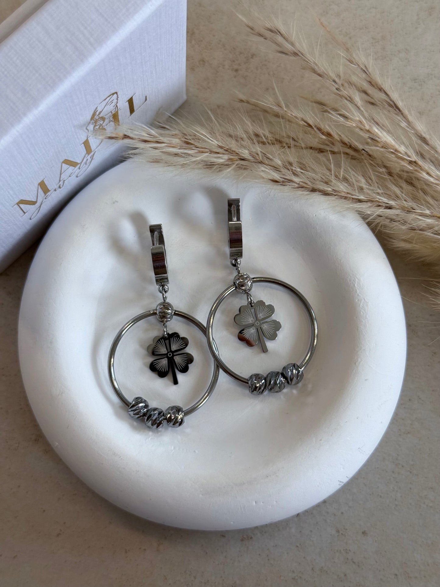 Silver Clover Hoops