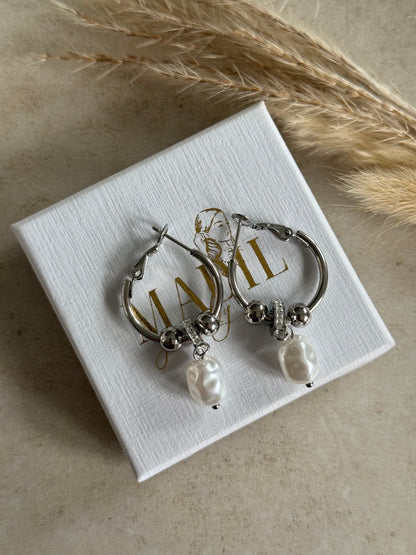 Silver Pearl Hoops