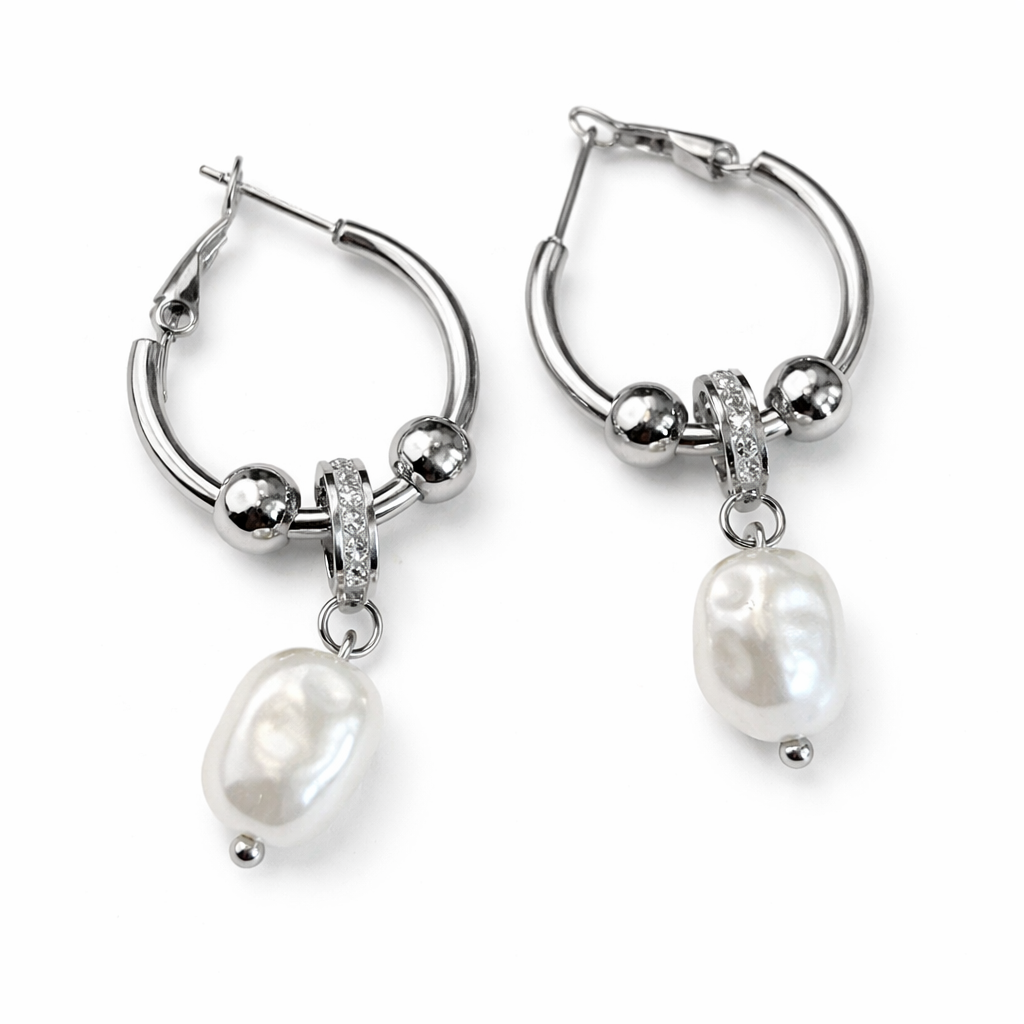 Silver Pearl Hoops