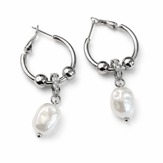 Silver Pearl Hoops